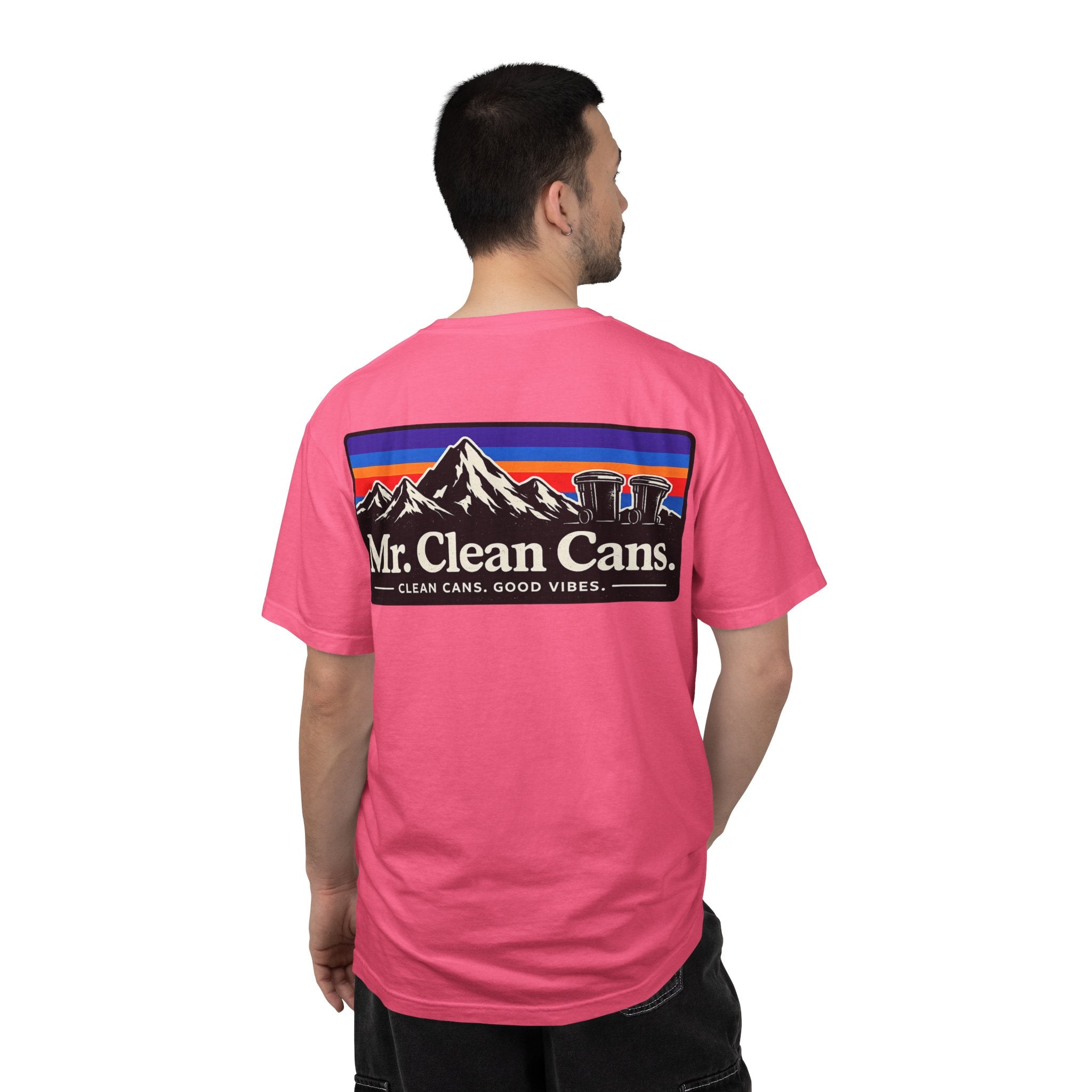 Mr. Clean Cans mountain logo T-shirt | retro stripes, trash can mascot