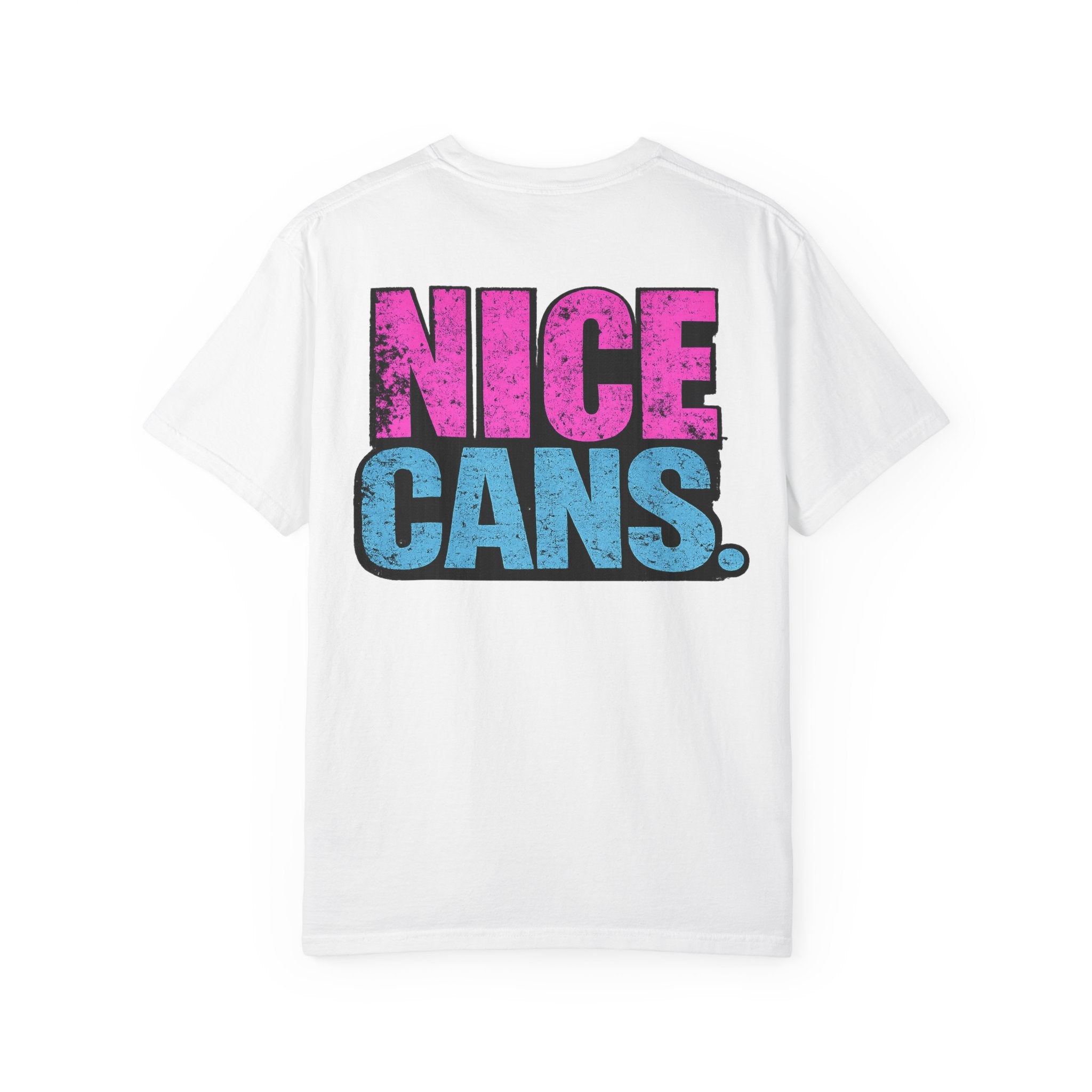 Nice Cans graphic T-shirt | pink blue retro text