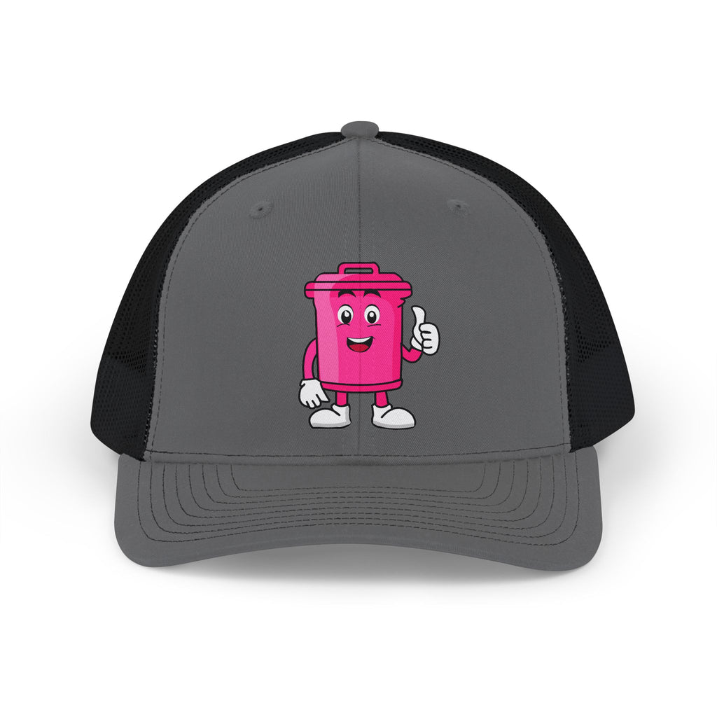 Pink Trash Can Character Snapback Cap | Cartoon Thumbs Up Embroidered