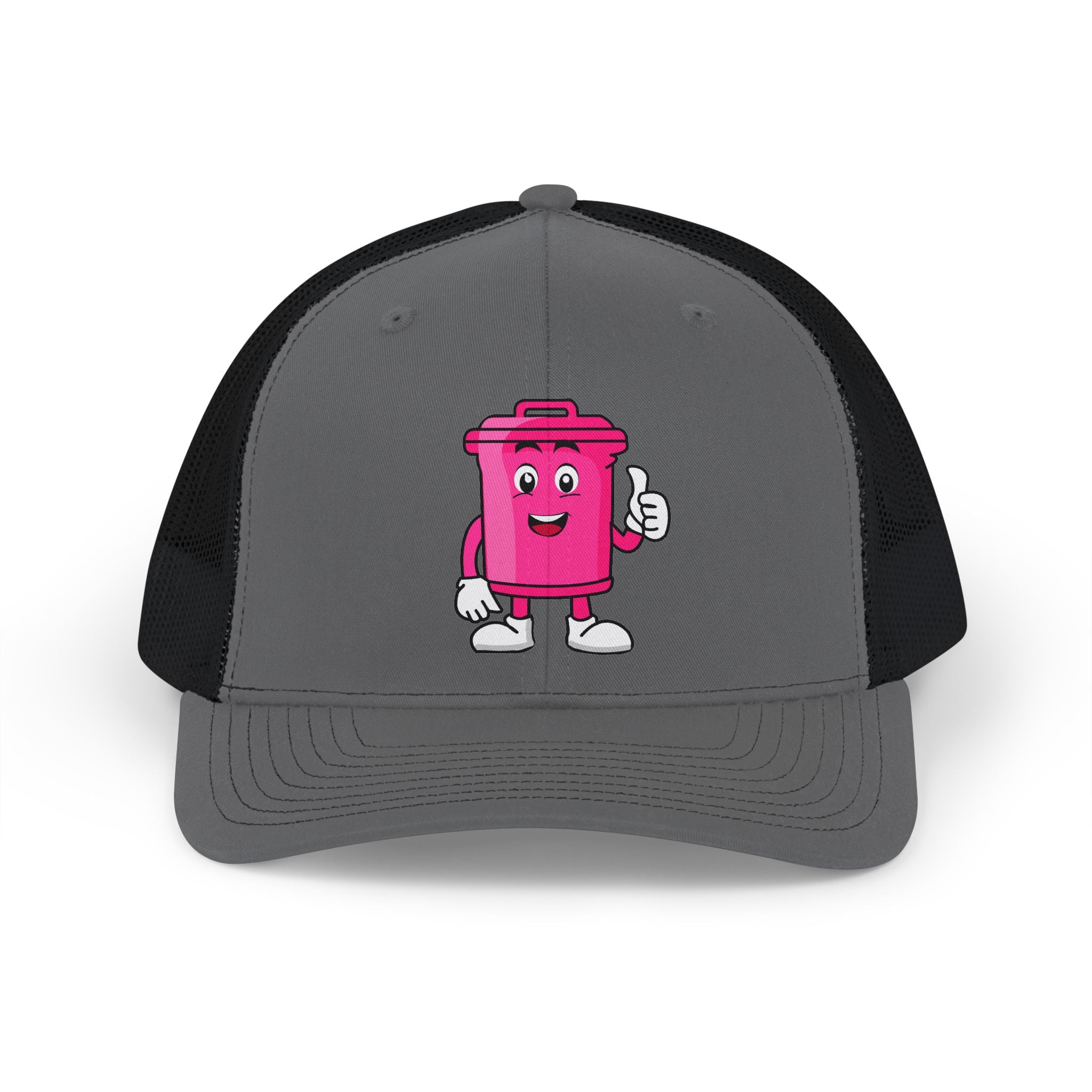 Pink Trash Can Character Snapback Cap | Cartoon Thumbs Up Embroidered