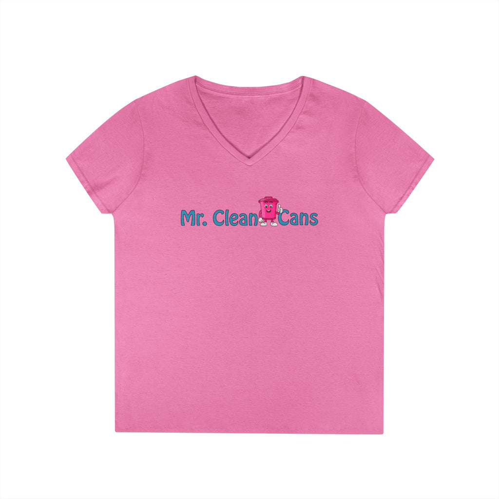 Mr. Clean Cans Pink Ladies' V‑Neck T‑Shirt — Cute Thumbs-Up Trash Can Graphic
