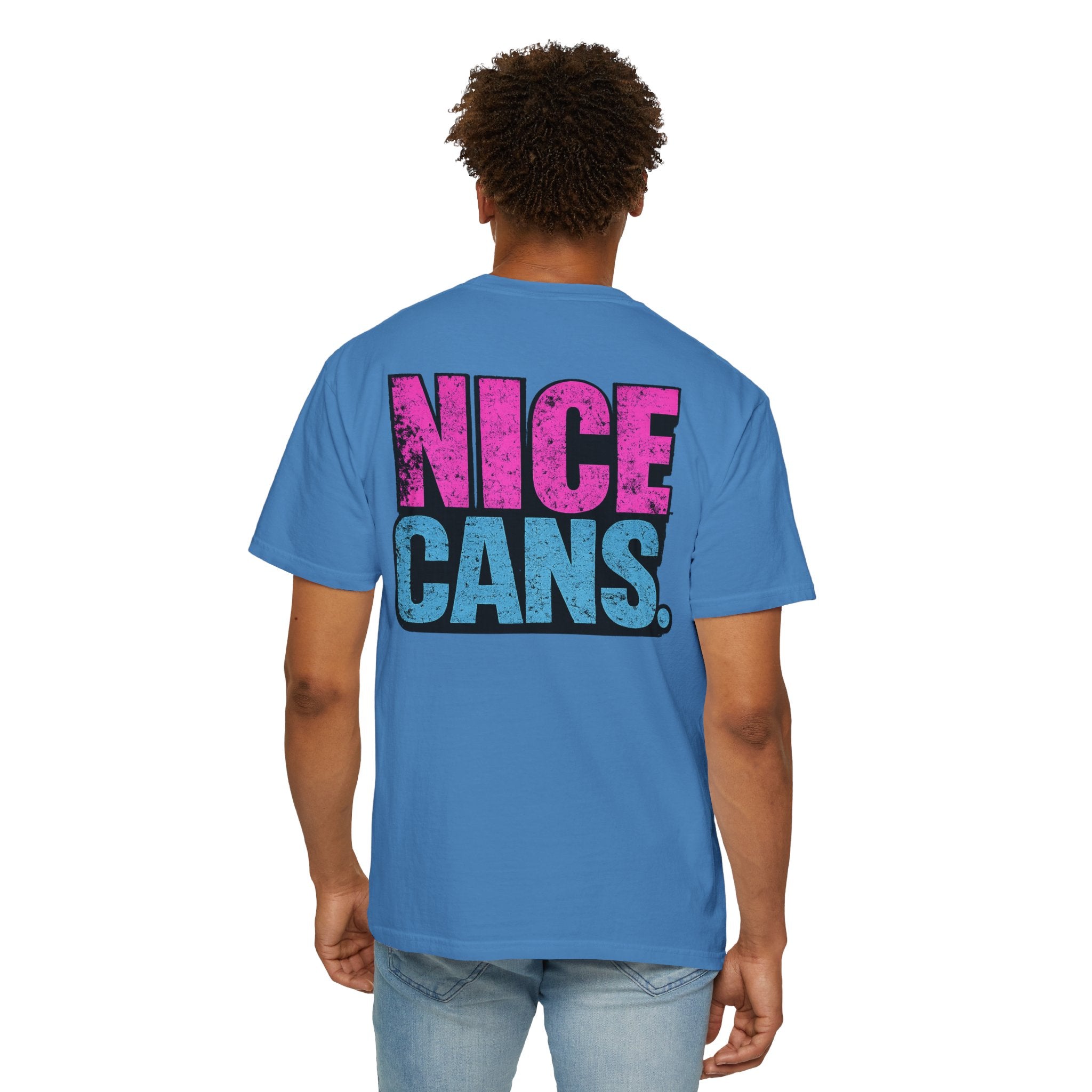 Nice Cans graphic T-shirt | pink blue retro text
