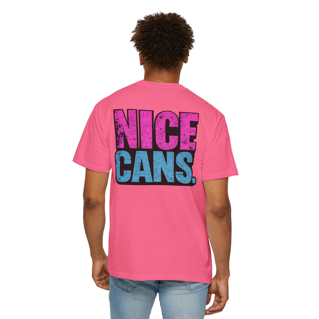Nice Cans graphic T-shirt | pink blue retro text