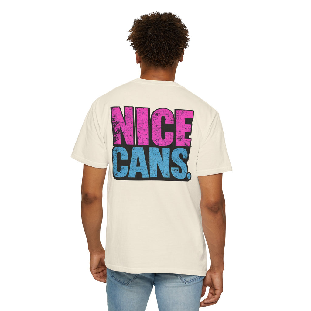 Nice Cans graphic T-shirt | pink blue retro text