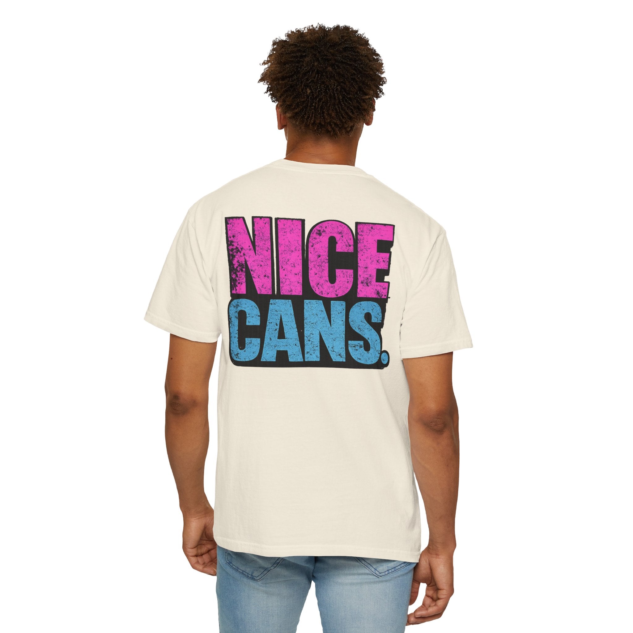 Nice Cans graphic T-shirt | pink blue retro text
