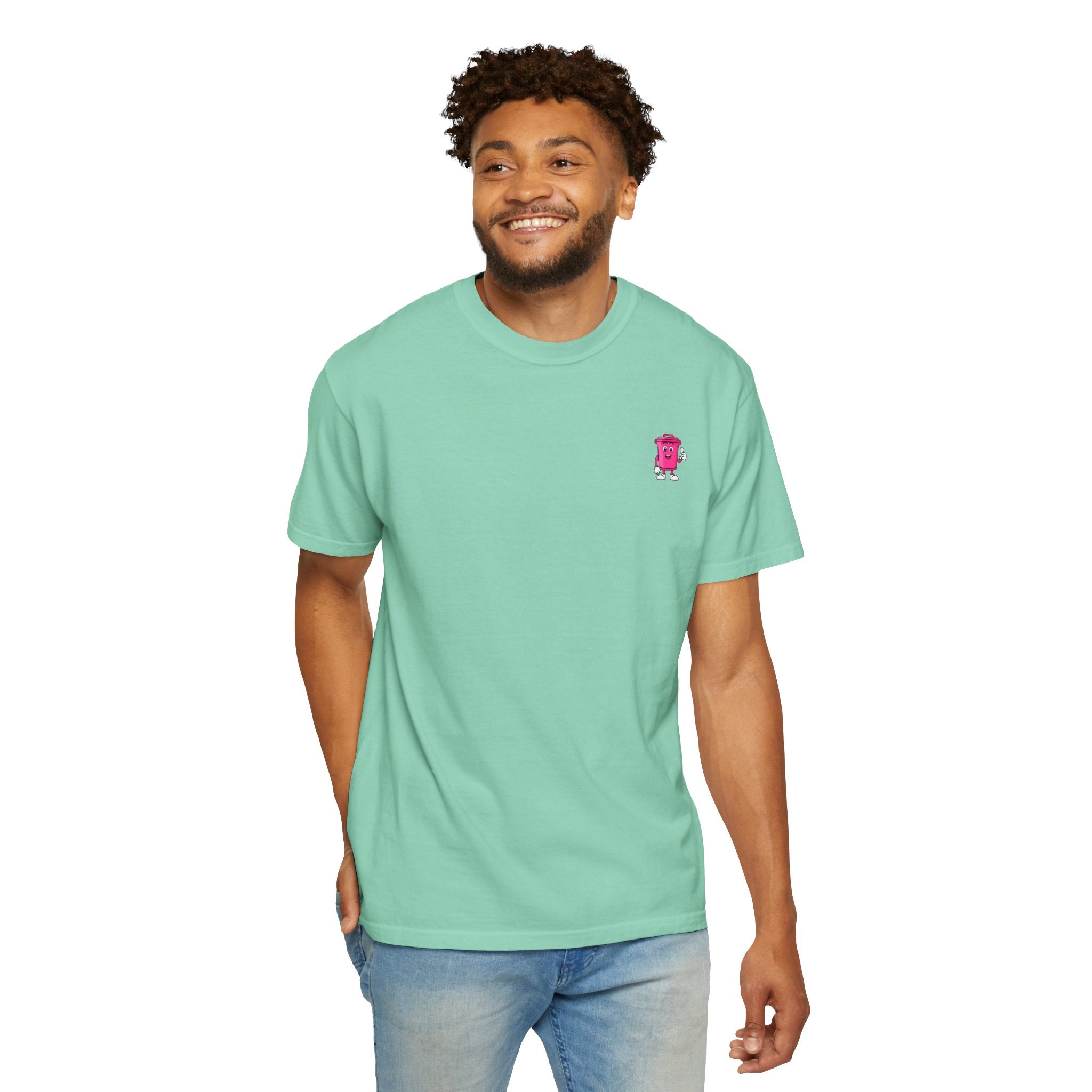 Mr. Clean Cans mountain logo T-shirt | retro stripes, trash can mascot