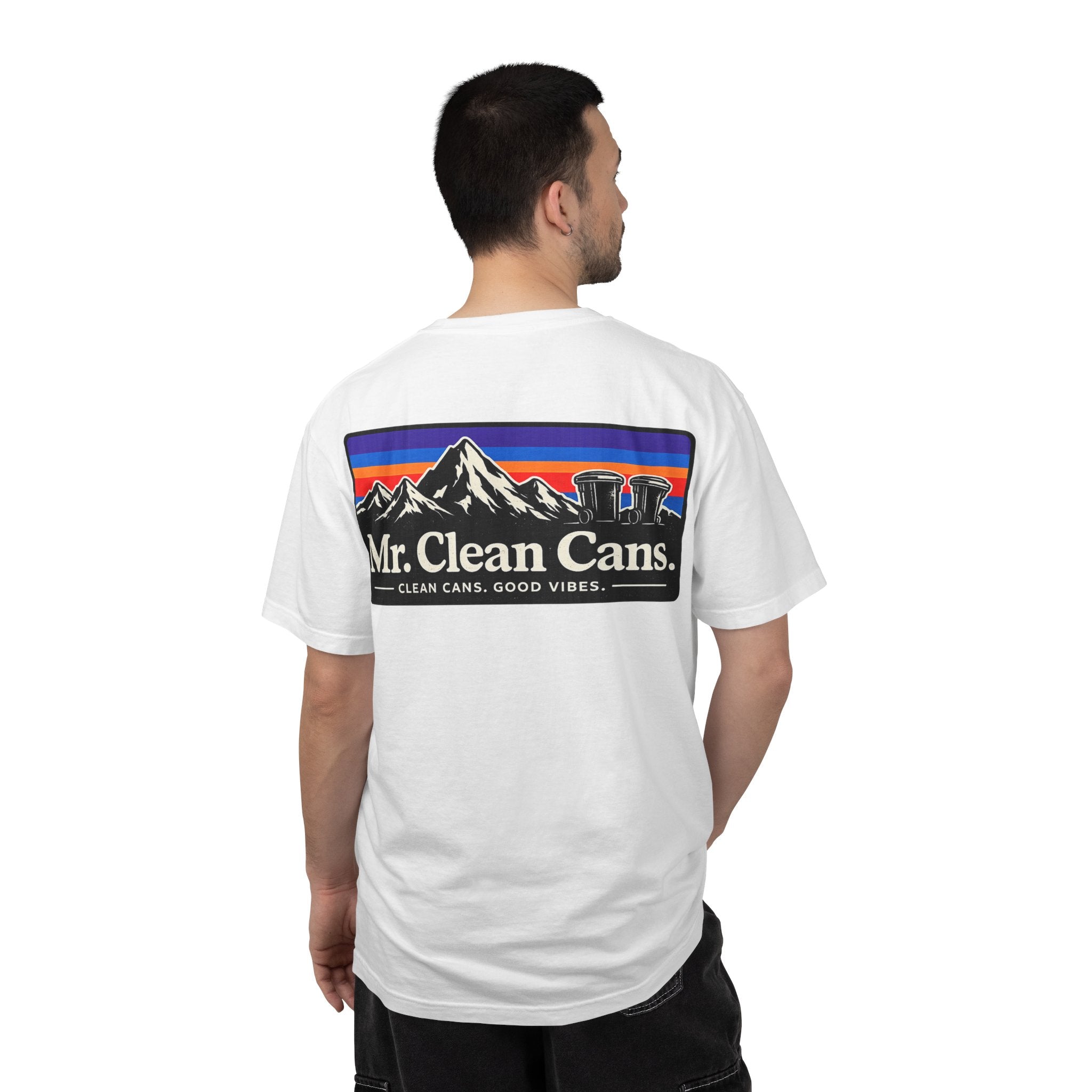 Mr. Clean Cans mountain logo T-shirt | retro stripes, trash can mascot