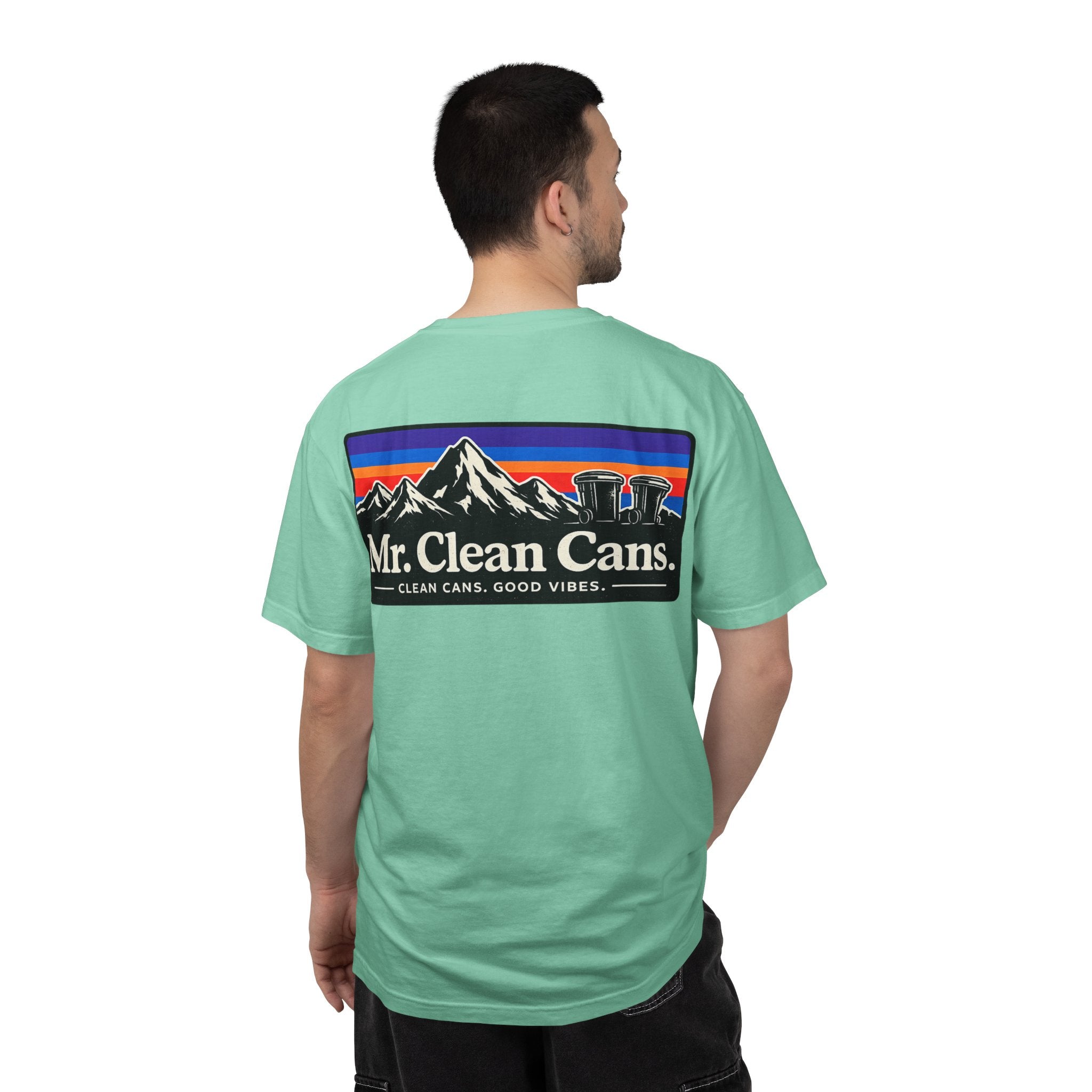 Mr. Clean Cans mountain logo T-shirt | retro stripes, trash can mascot