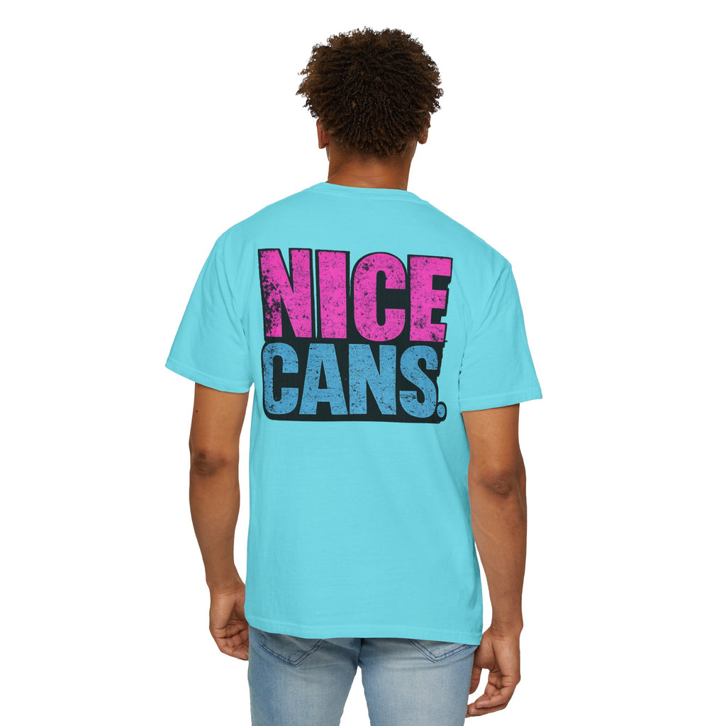 Nice Cans graphic T-shirt | pink blue retro text