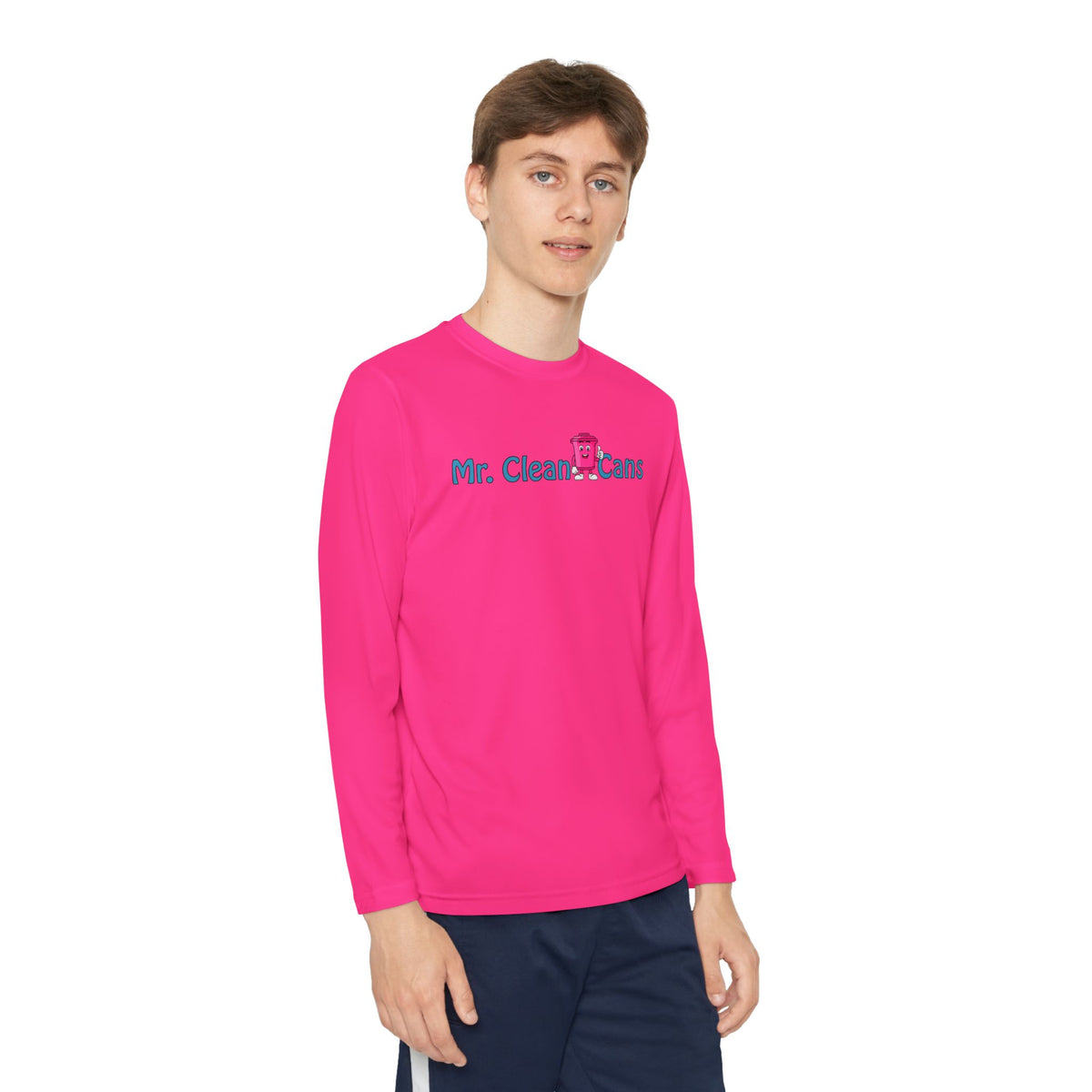 Youth Long Sleeve Tee - 'Mr. Clean Cans' Pink Trash Can Cartoon Back Graphic