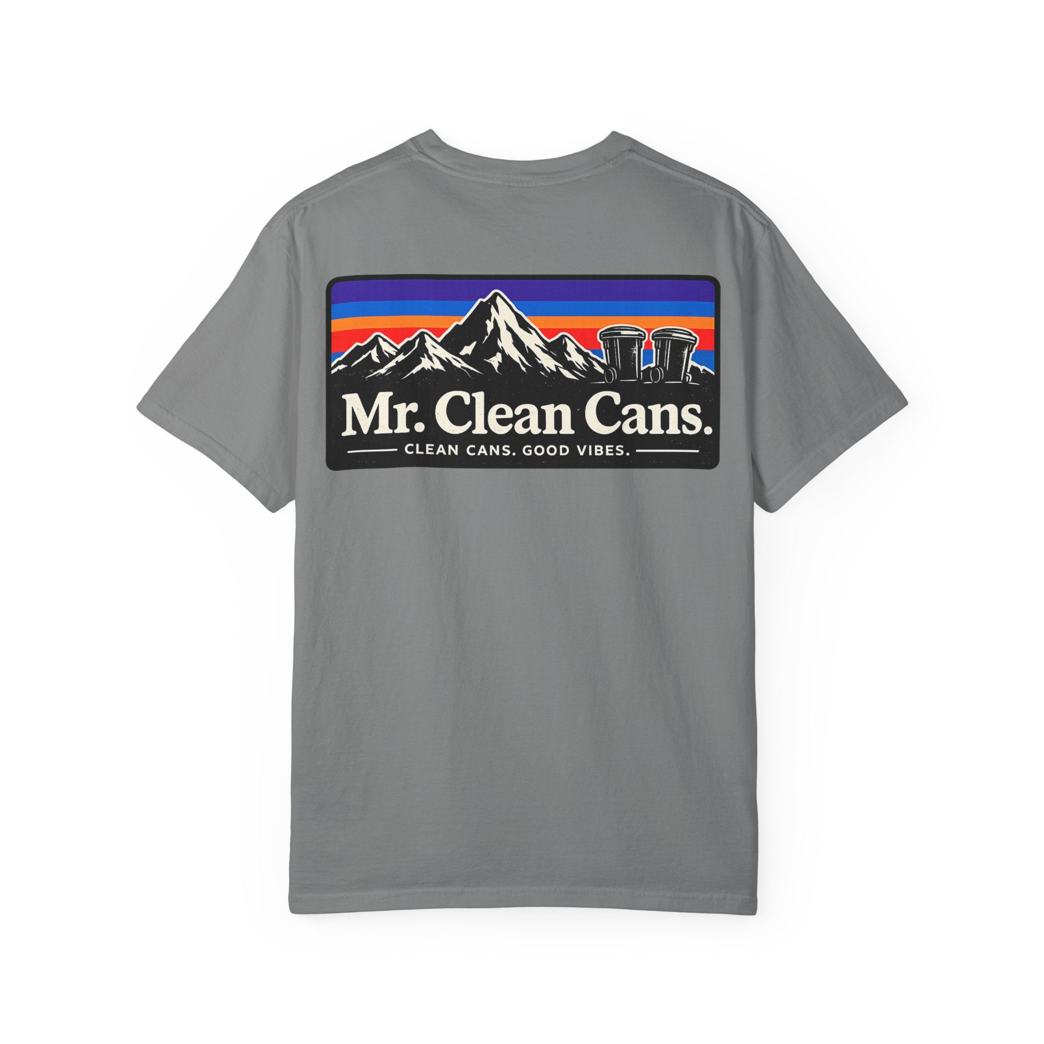 Mr. Clean Cans mountain logo T-shirt | retro stripes, trash can mascot