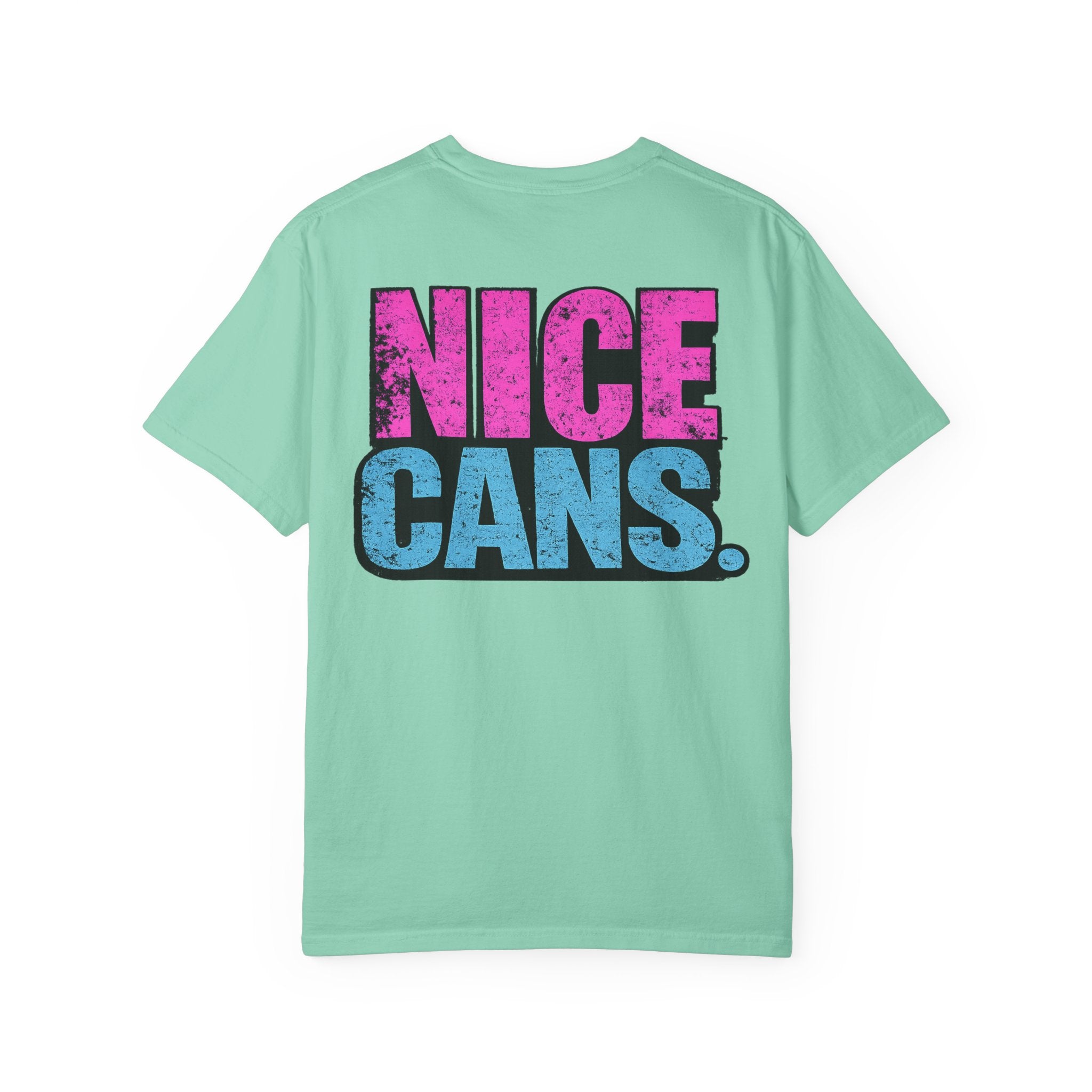 Nice Cans graphic T-shirt | pink blue retro text