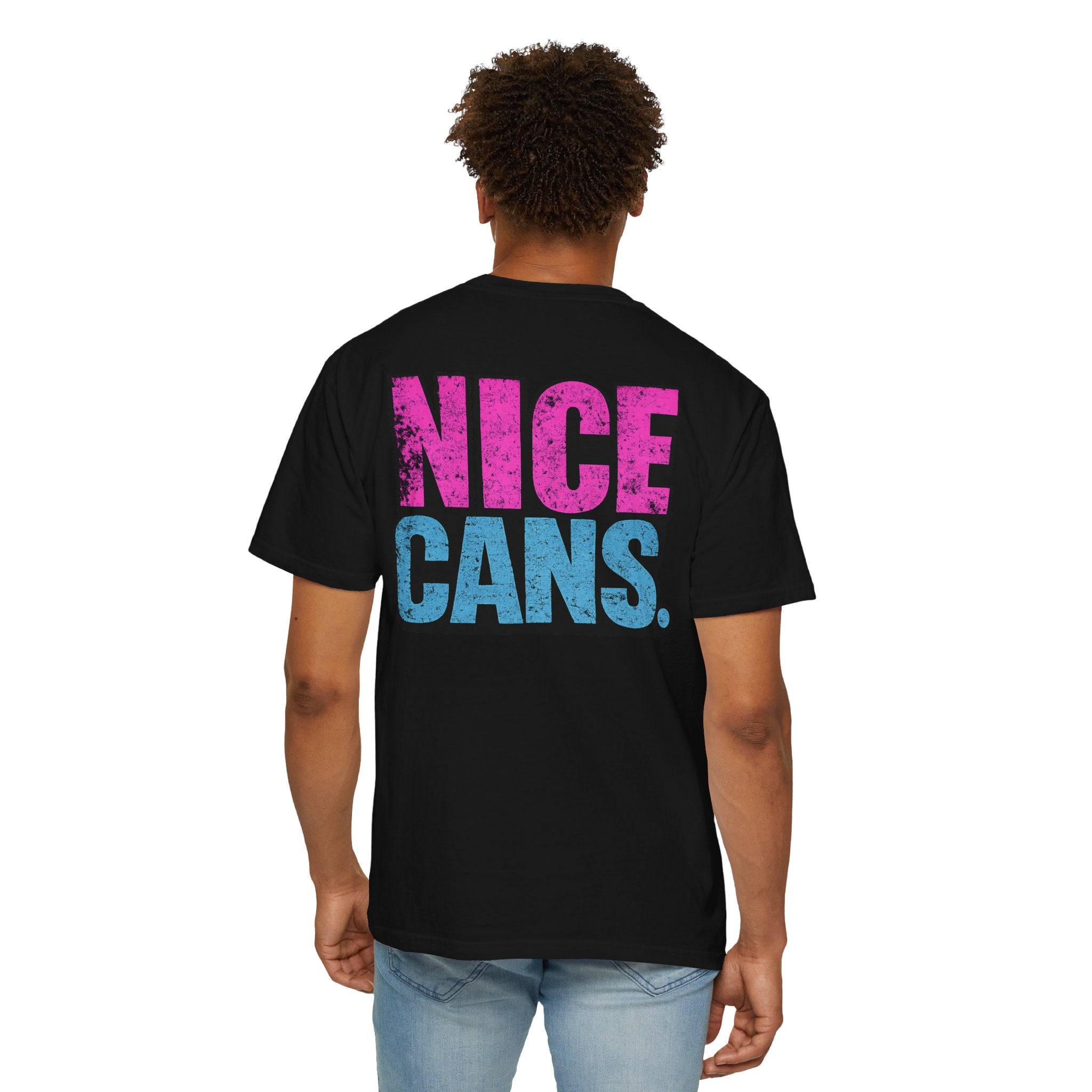 Nice Cans graphic T-shirt | pink blue retro text
