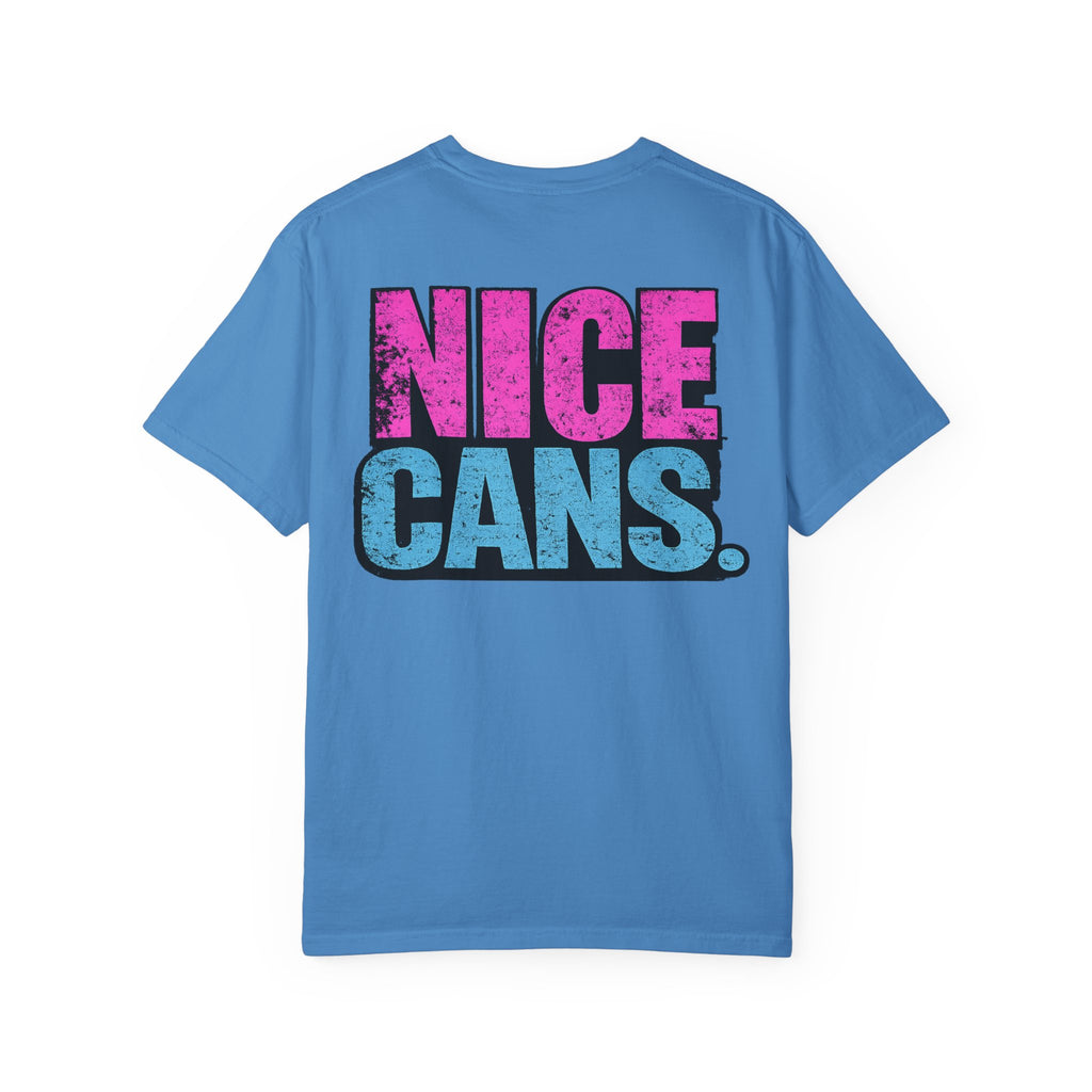 Nice Cans graphic T-shirt | pink blue retro text