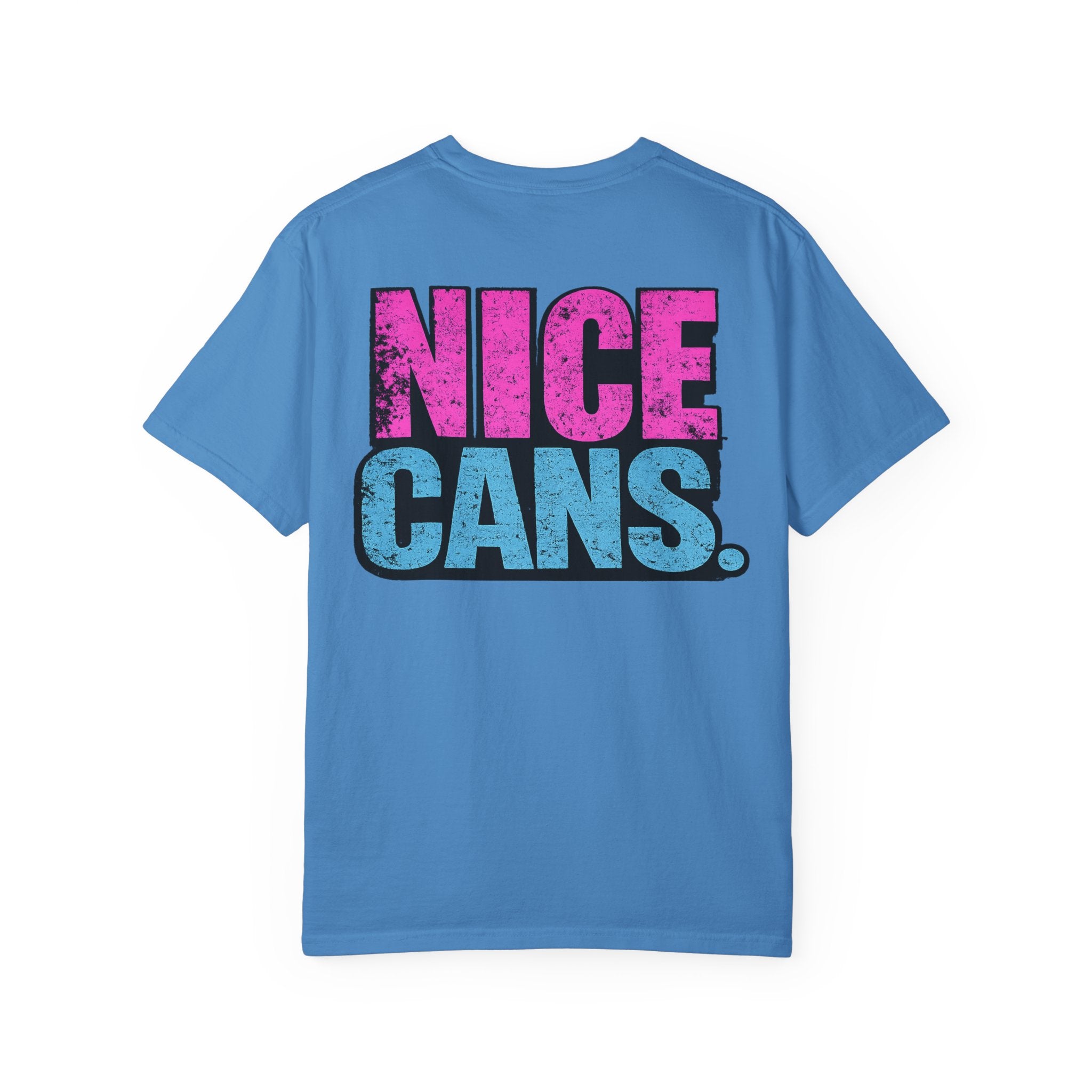 Nice Cans graphic T-shirt | pink blue retro text