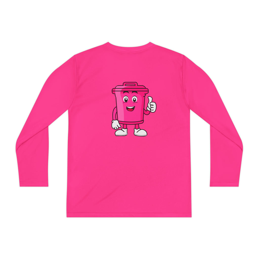 Youth Long Sleeve Tee - 'Mr. Clean Cans' Pink Trash Can Cartoon Back Graphic