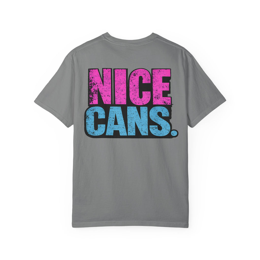 Nice Cans graphic T-shirt | pink blue retro text
