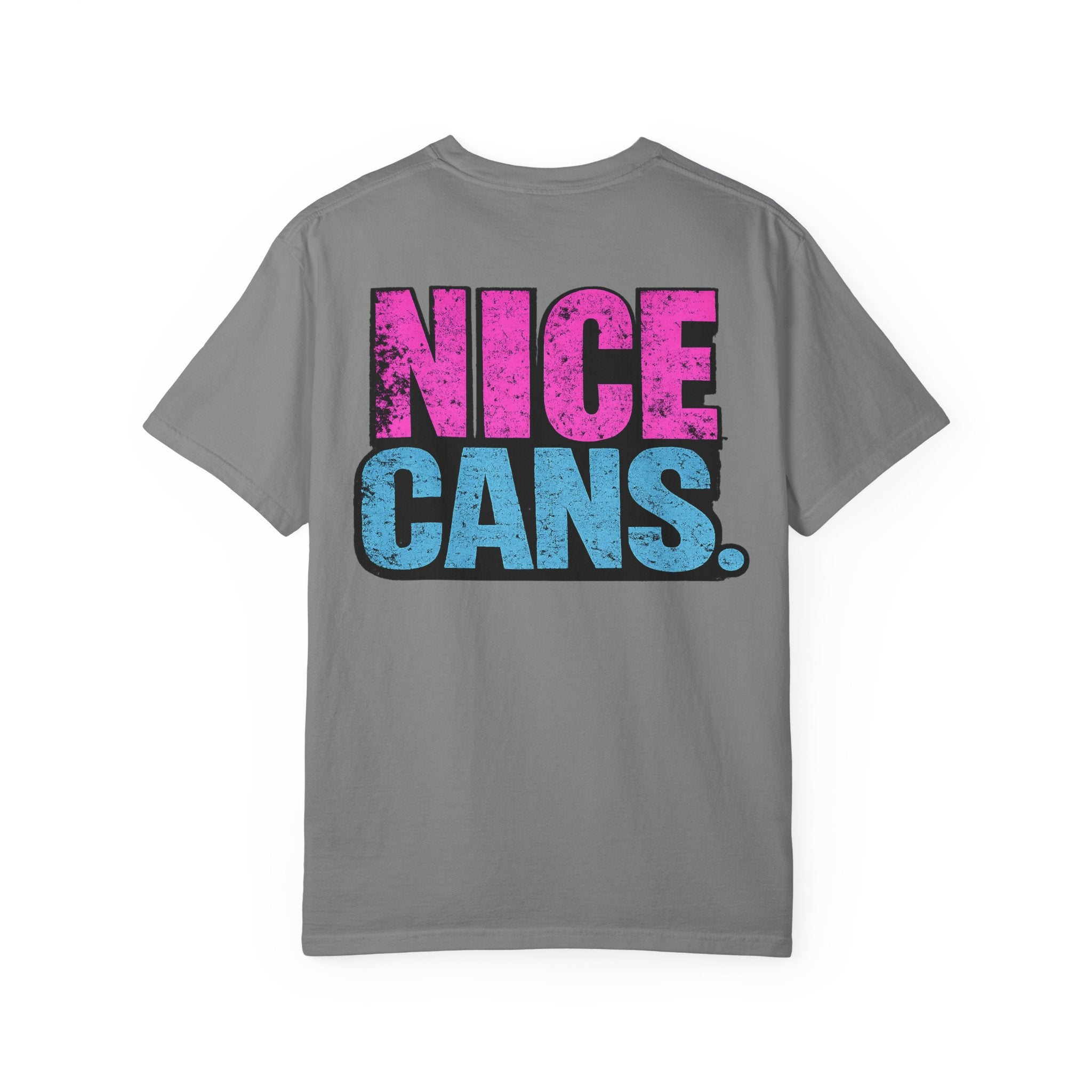 Nice Cans graphic T-shirt | pink blue retro text
