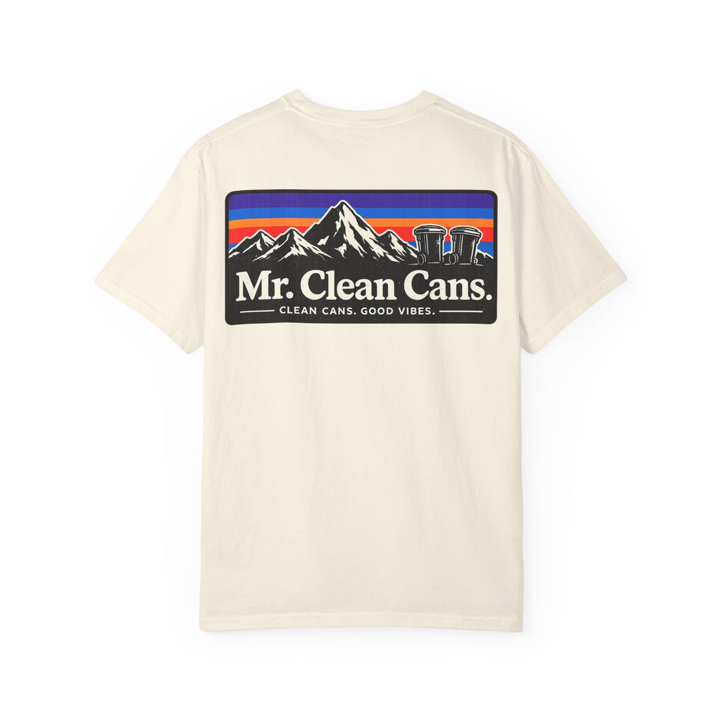 Mr. Clean Cans mountain logo T-shirt | retro stripes, trash can mascot
