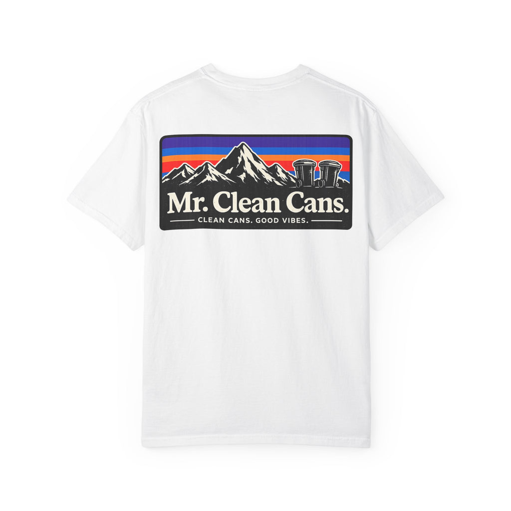 Mr. Clean Cans mountain logo T-shirt | retro stripes, trash can mascot