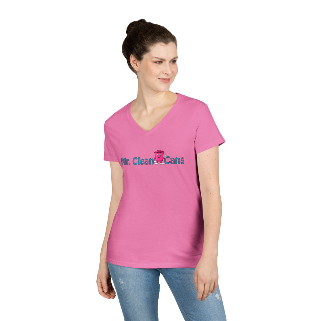 Mr. Clean Cans Pink Ladies' V‑Neck T‑Shirt — Cute Thumbs-Up Trash Can Graphic