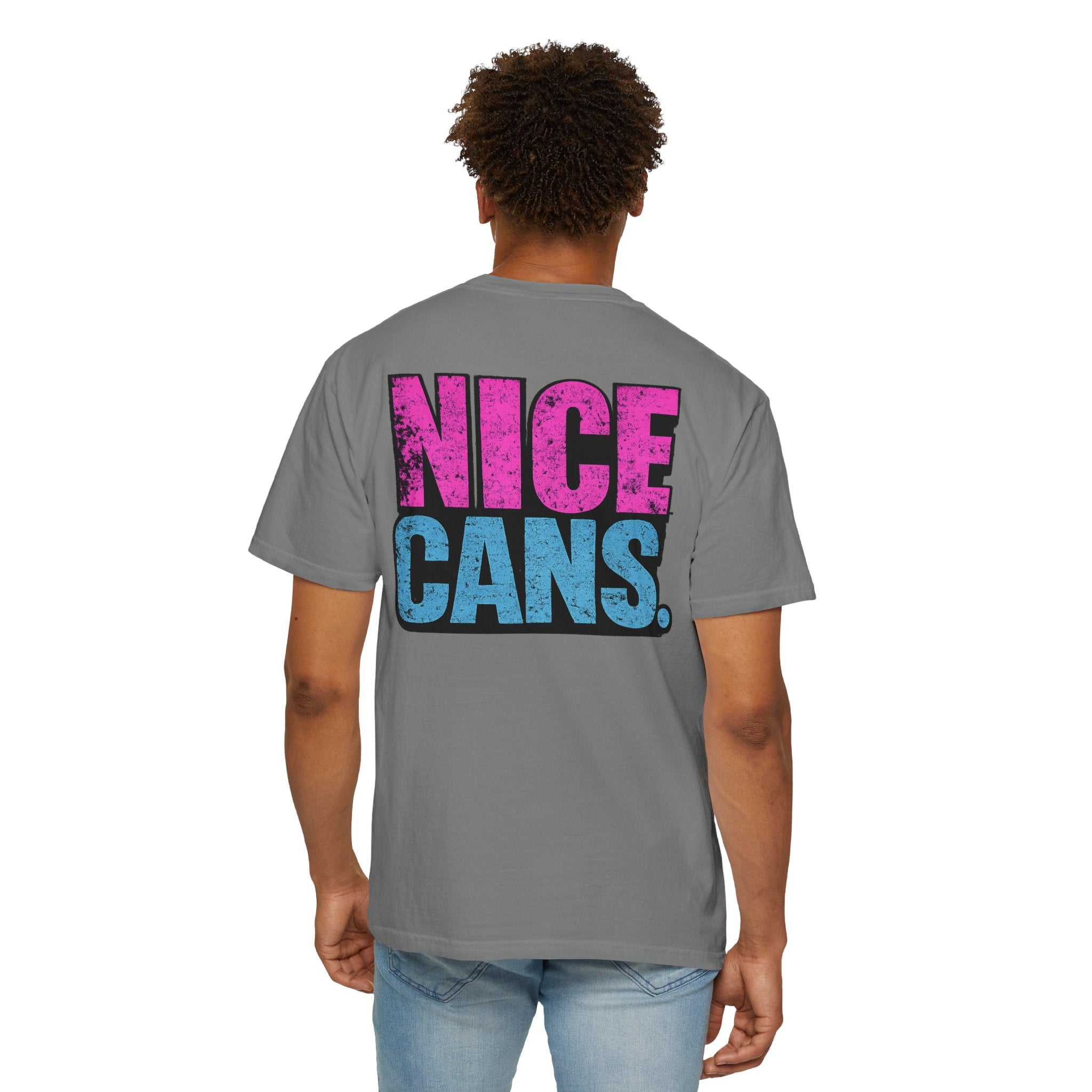 Nice Cans graphic T-shirt | pink blue retro text