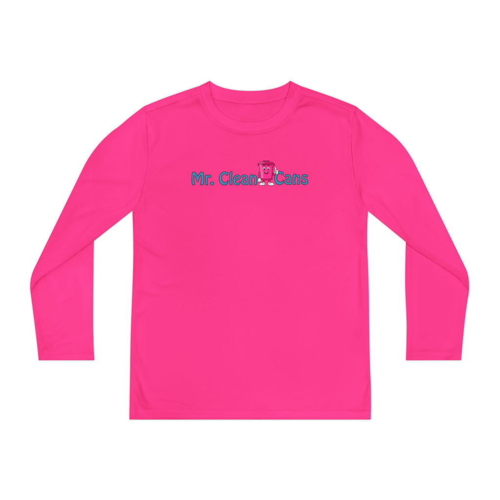 Youth Long Sleeve Tee - 'Mr. Clean Cans' Pink Trash Can Cartoon Back Graphic