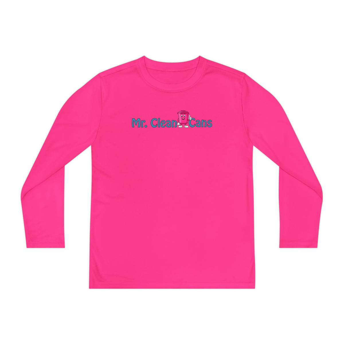 Youth Long Sleeve Tee - 'Mr. Clean Cans' Pink Trash Can Cartoon Back Graphic