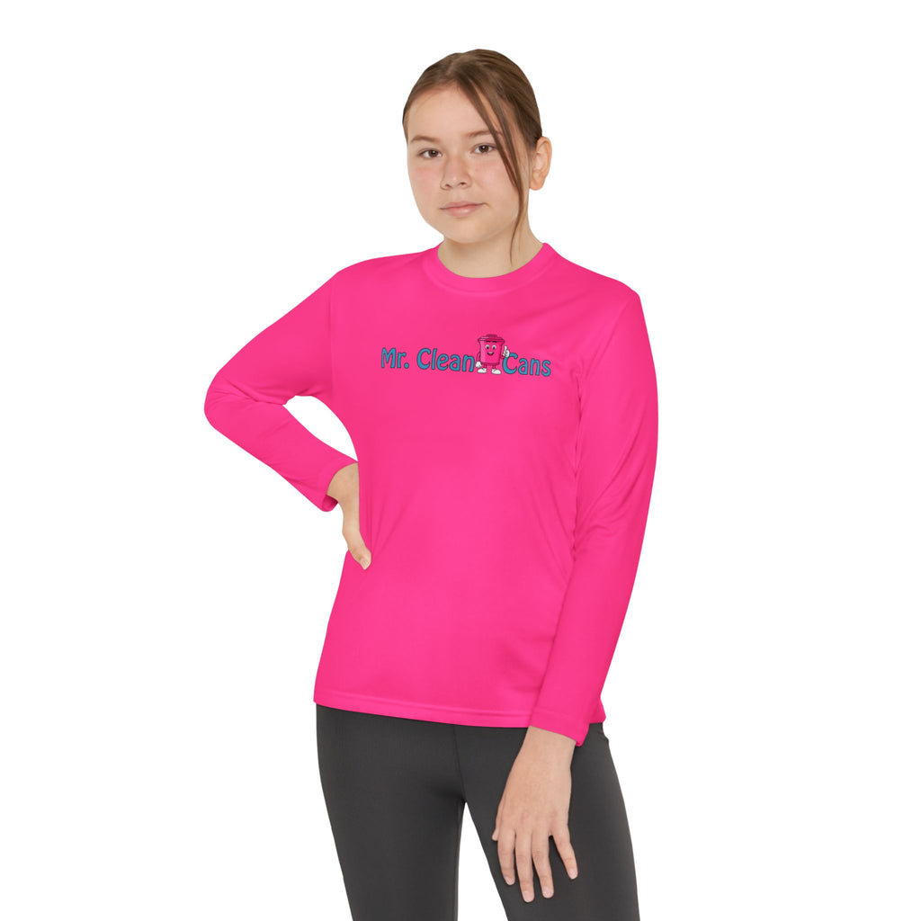 Youth Long Sleeve Tee - 'Mr. Clean Cans' Pink Trash Can Cartoon Back Graphic