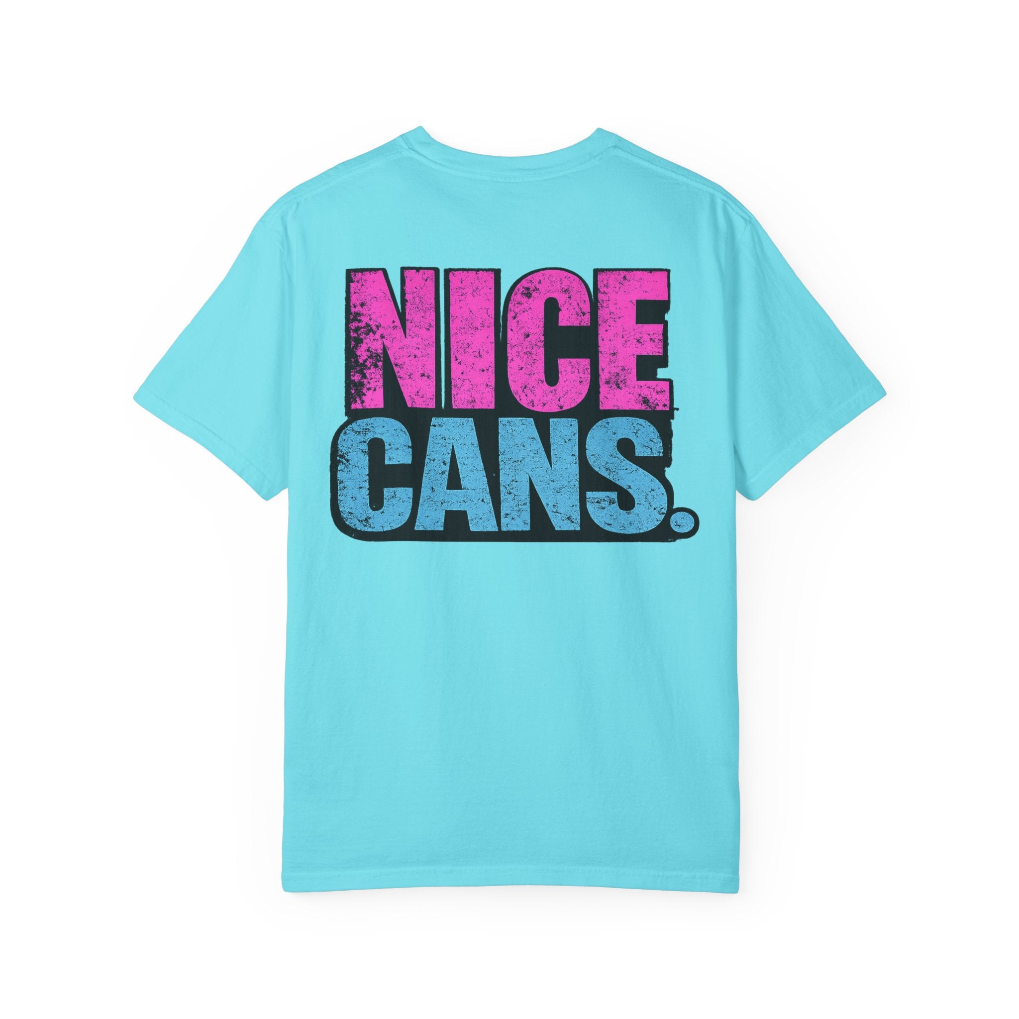 Nice Cans graphic T-shirt | pink blue retro text
