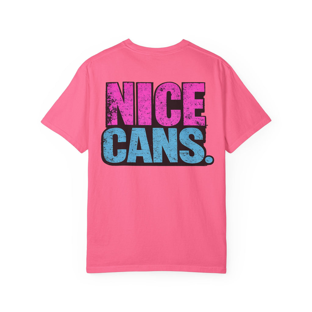 Nice Cans graphic T-shirt | pink blue retro text