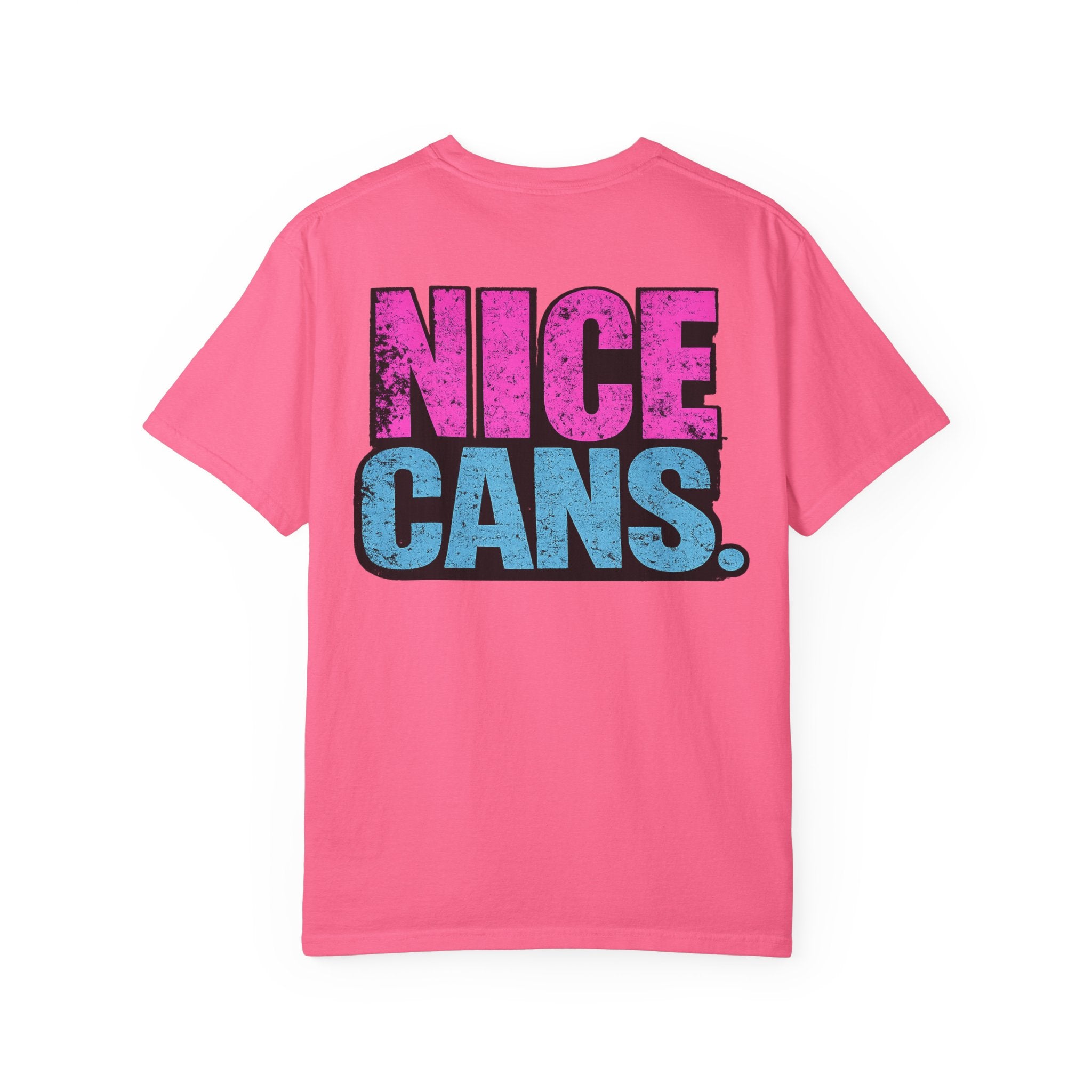 Nice Cans graphic T-shirt | pink blue retro text