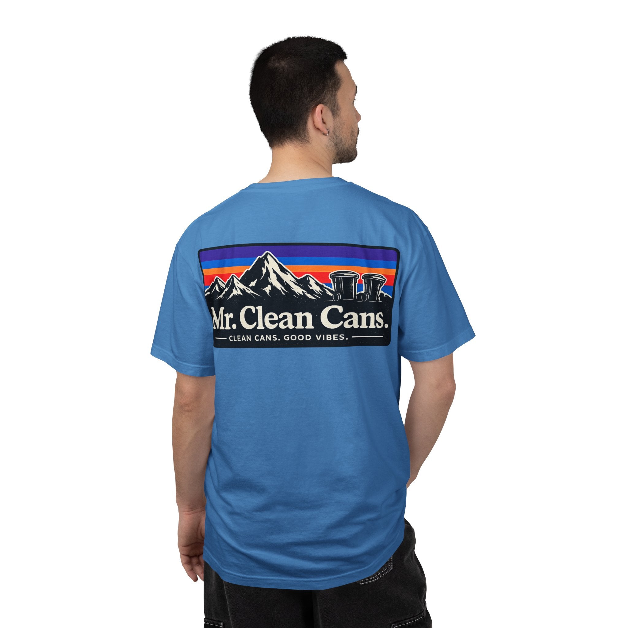 Mr. Clean Cans mountain logo T-shirt | retro stripes, trash can mascot