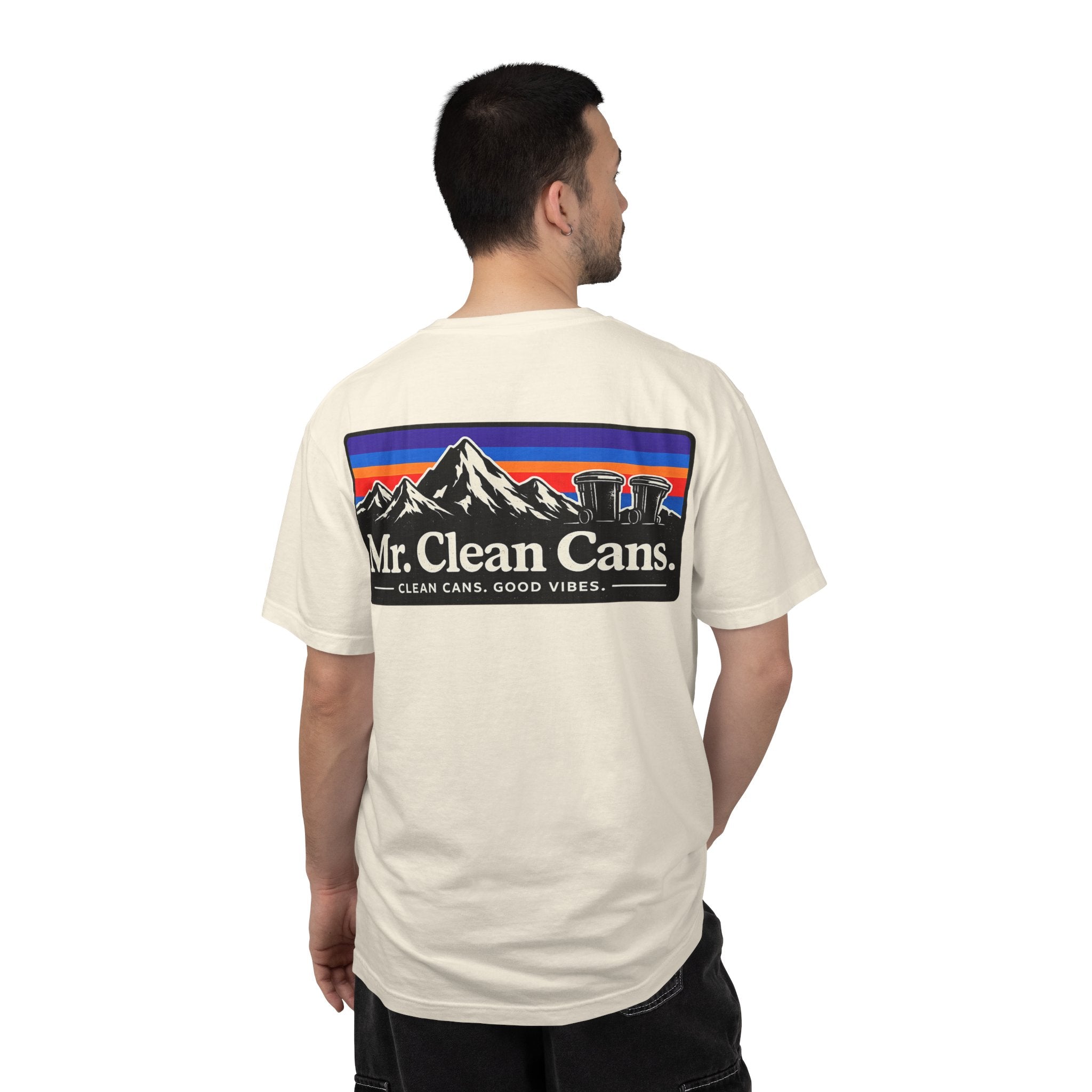Mr. Clean Cans mountain logo T-shirt | retro stripes, trash can mascot