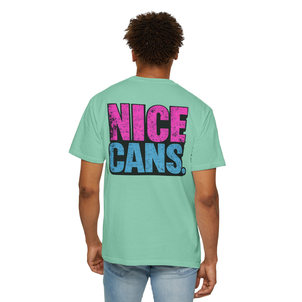 Nice Cans graphic T-shirt | pink blue retro text