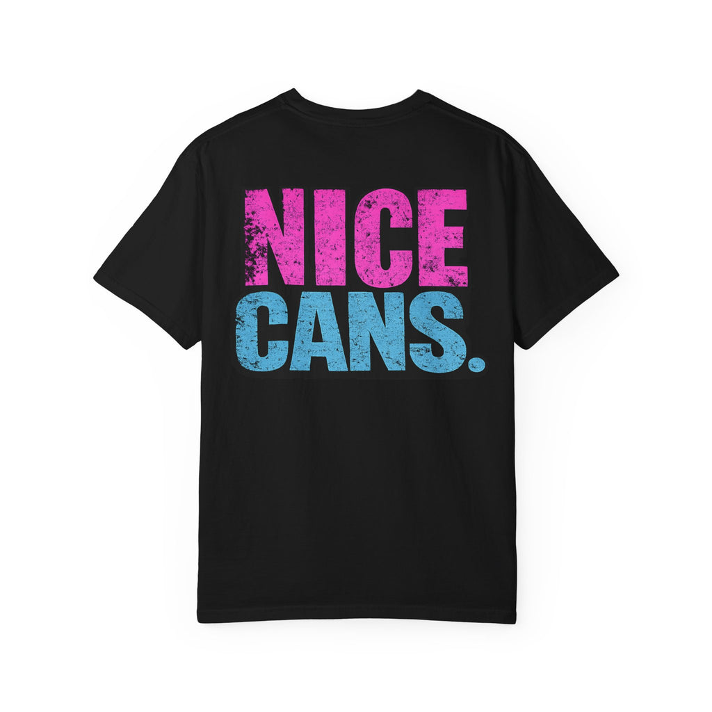 Nice Cans graphic T-shirt | pink blue retro text
