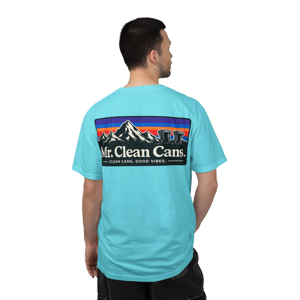 Mr. Clean Cans mountain logo T-shirt | retro stripes, trash can mascot