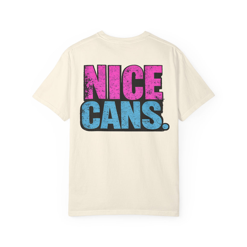 Nice Cans graphic T-shirt | pink blue retro text