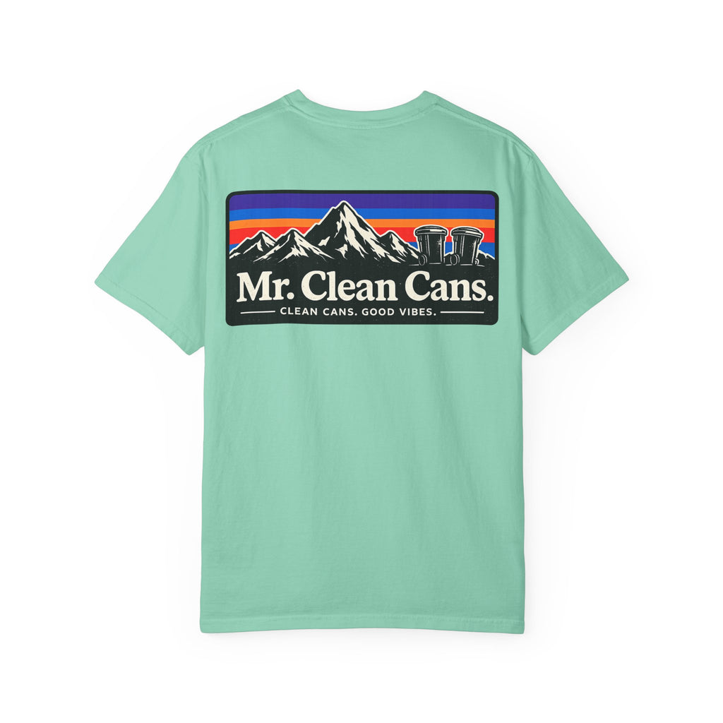 Mr. Clean Cans mountain logo T-shirt | retro stripes, trash can mascot