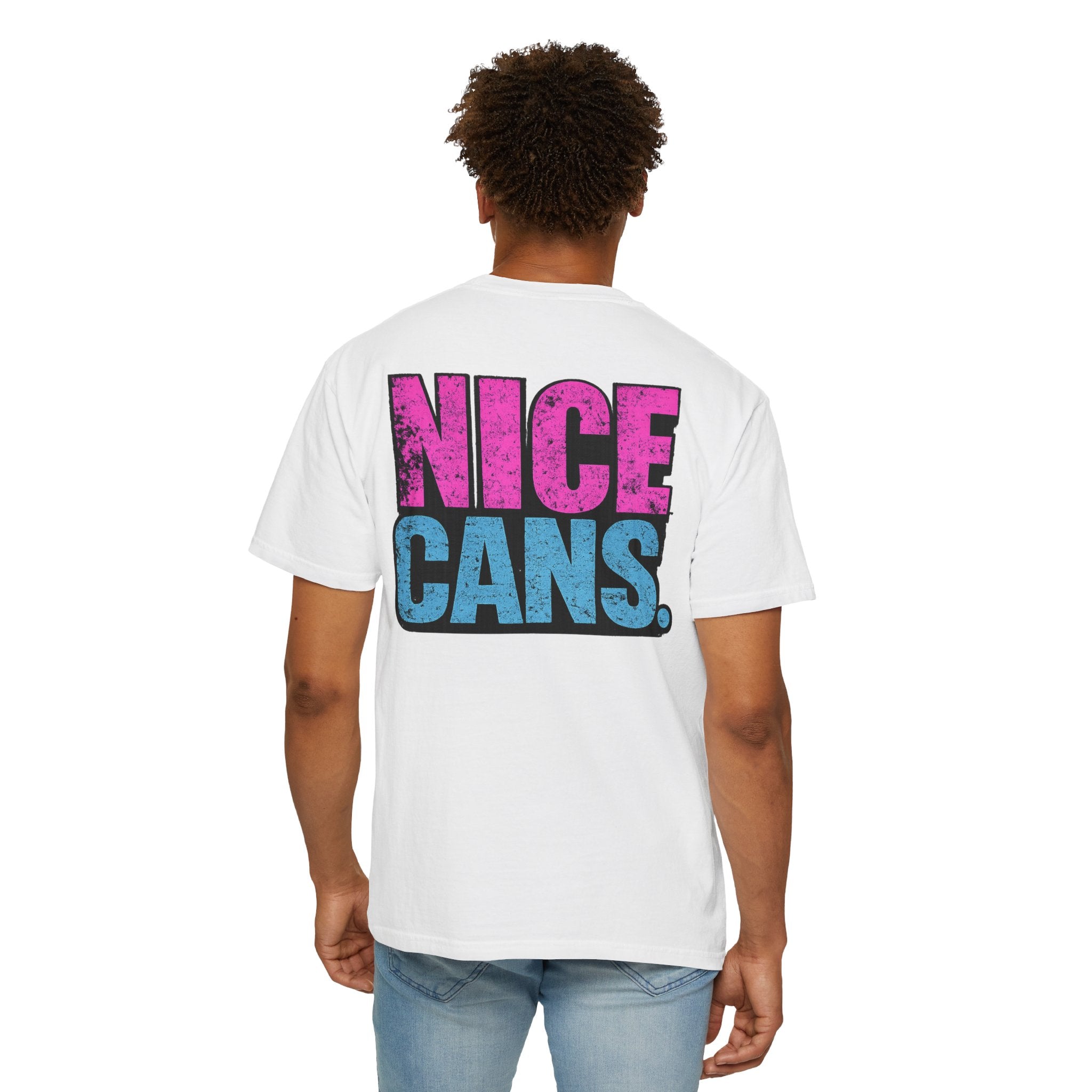 Nice Cans graphic T-shirt | pink blue retro text