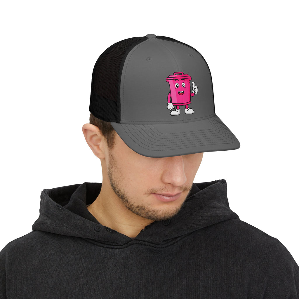 Pink Trash Can Character Snapback Cap | Cartoon Thumbs Up Embroidered