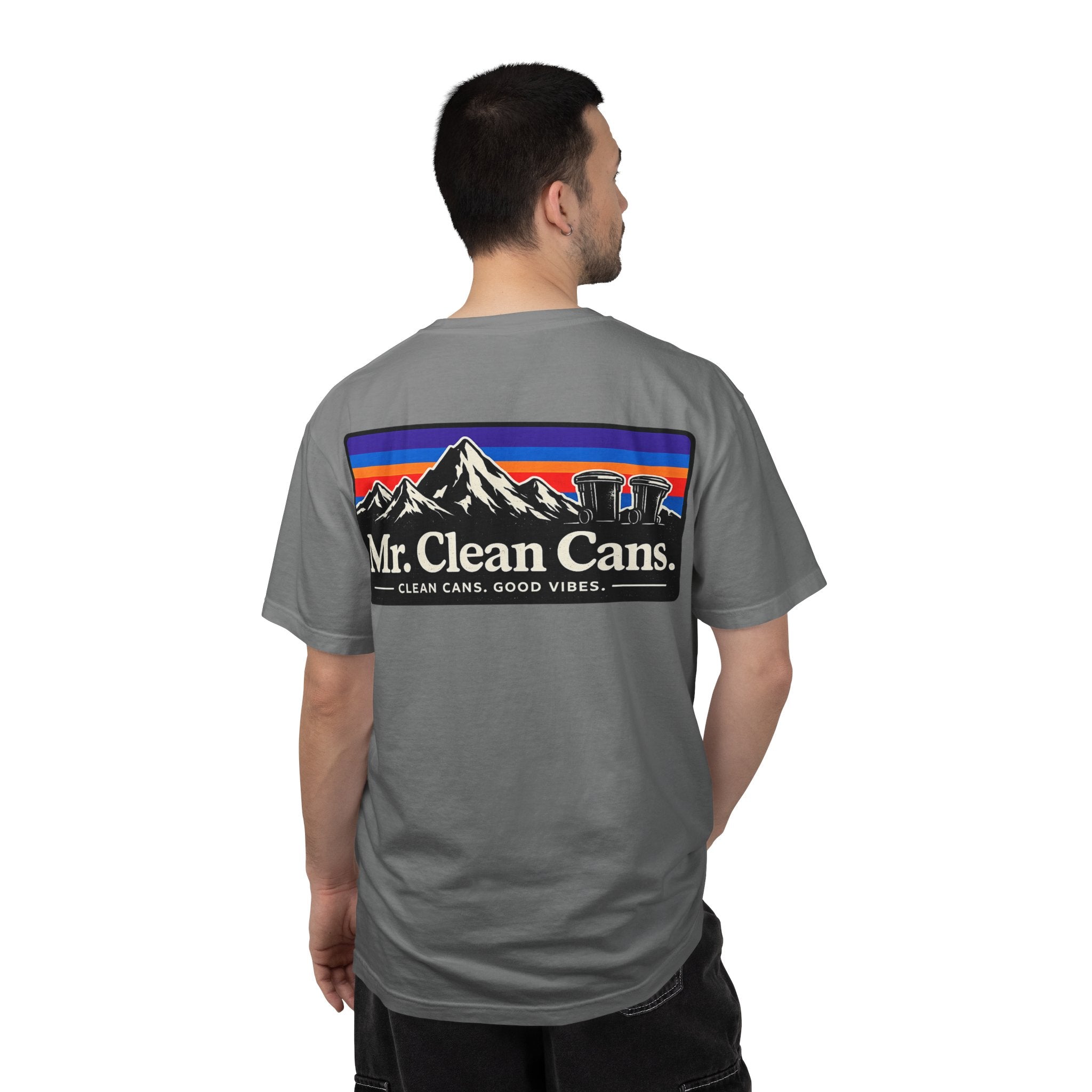Mr. Clean Cans mountain logo T-shirt | retro stripes, trash can mascot